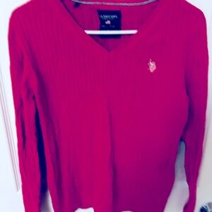 U.S. Polo Assn. Sweater Hot Pink Medium Cable knit   V-Neck Pullover Preppy